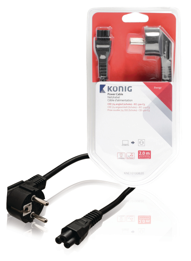 Cable de alimentación CEE 7/4 en ángulo (schuko) - IEC-320-C5 de 2,00 m en negro