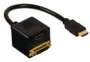 Cable adaptador HDMI, conector HDMI - DVI-D 24+1-pines hembra + entrada HDMI, 0,20 m, negro